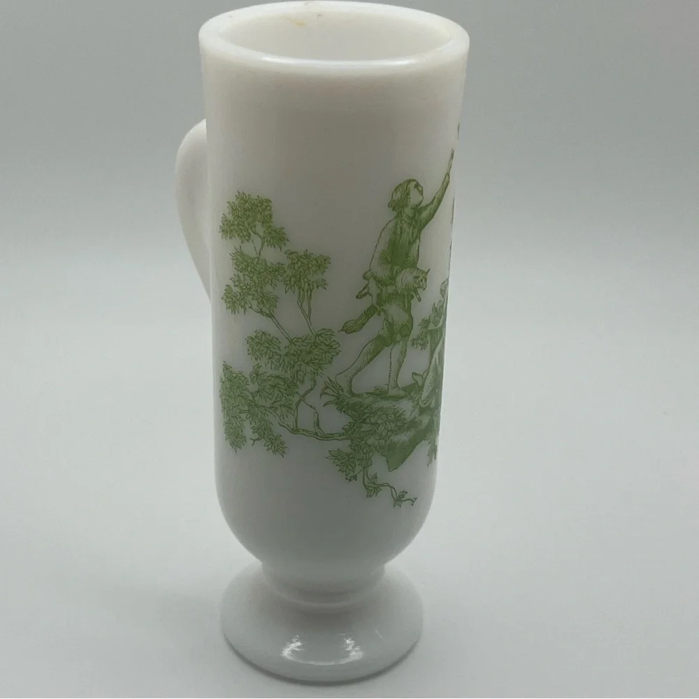 milk glass mug on pedestal green toile design demitasse by Avon cup with handle